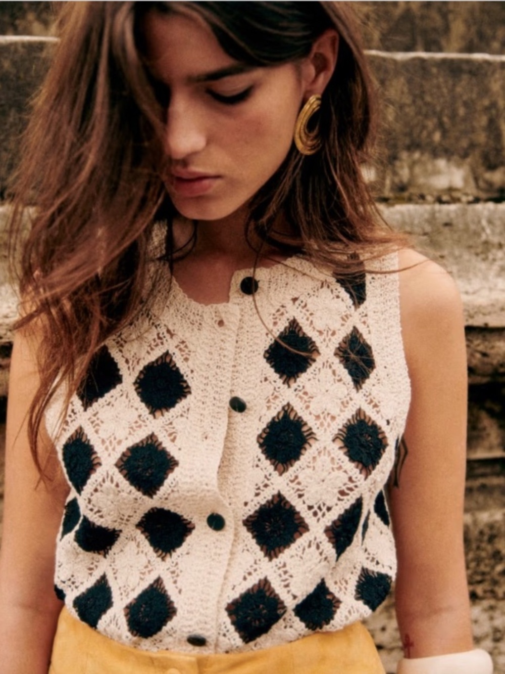 Sezane Ron Cream and Black Crochet Button Front Vest